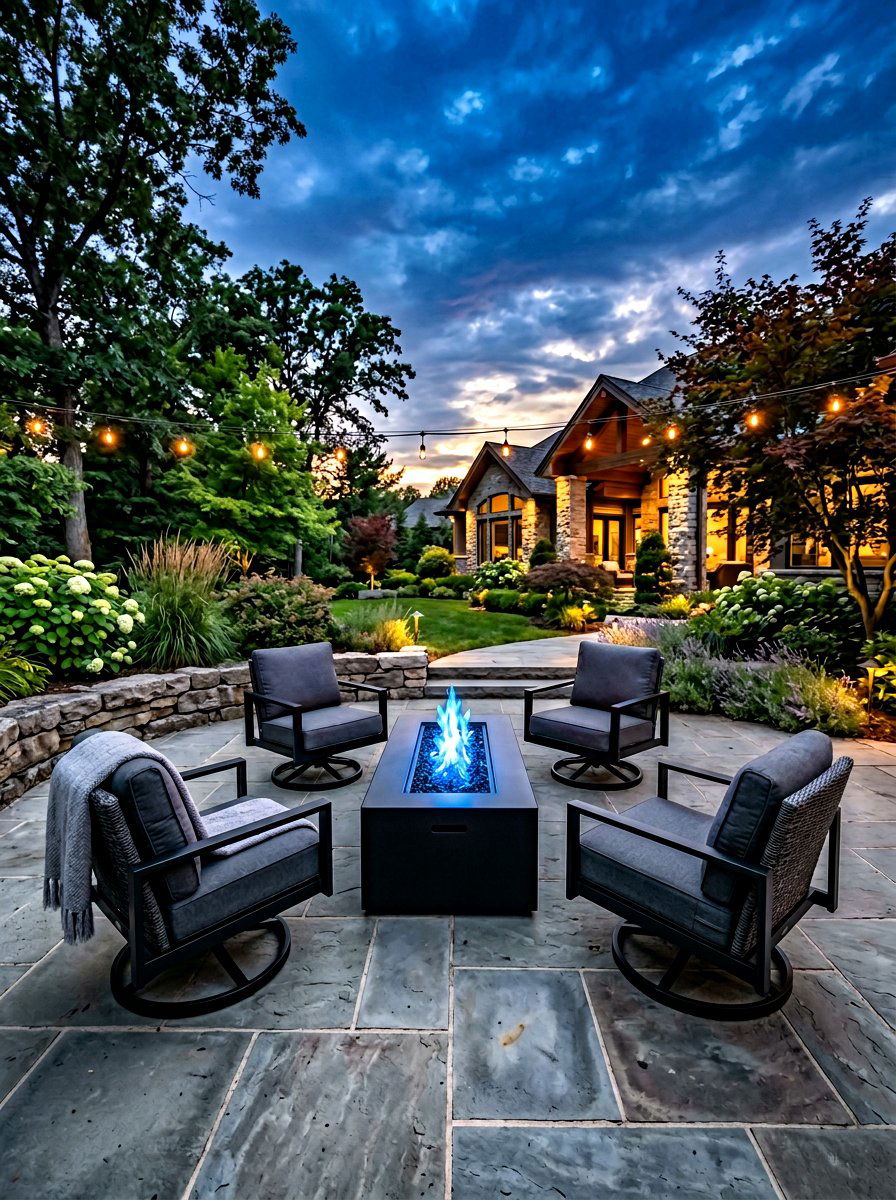 Stone Patio With Fire Table - 30 backyard lounge zone ideas