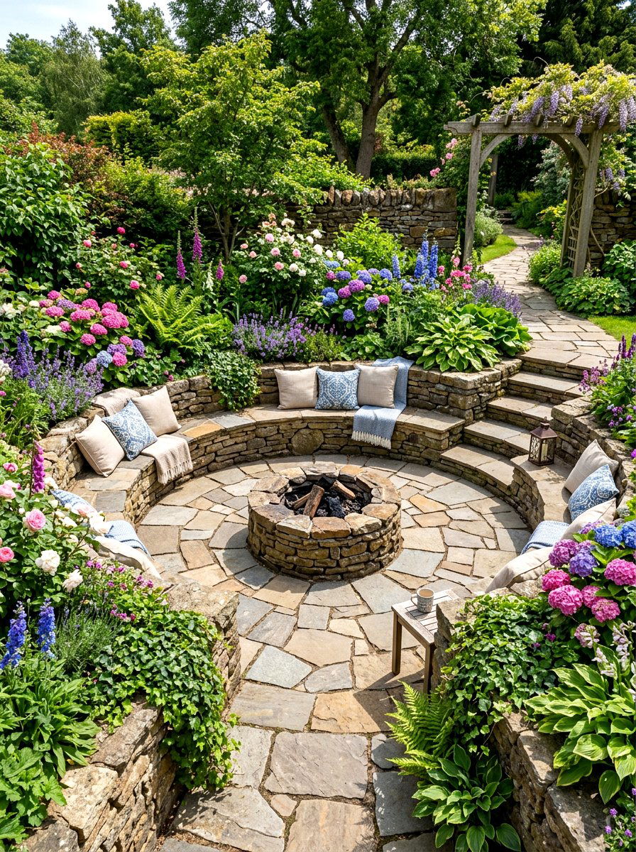Stone Paved Sunken Patio - 30 conversation pit backyard ideas