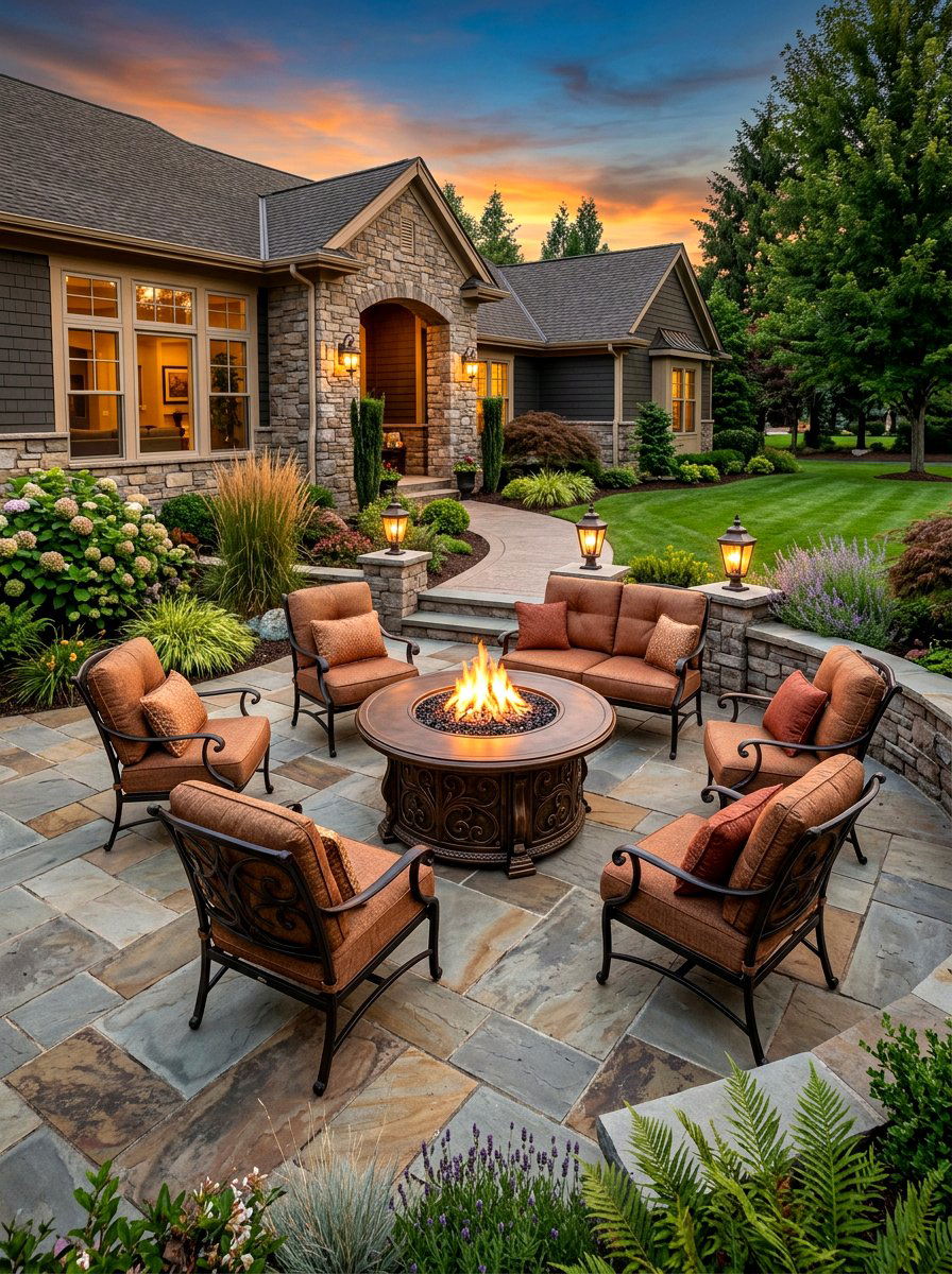 Stone Paver Fire Table Area - 30 fire table patio ideas