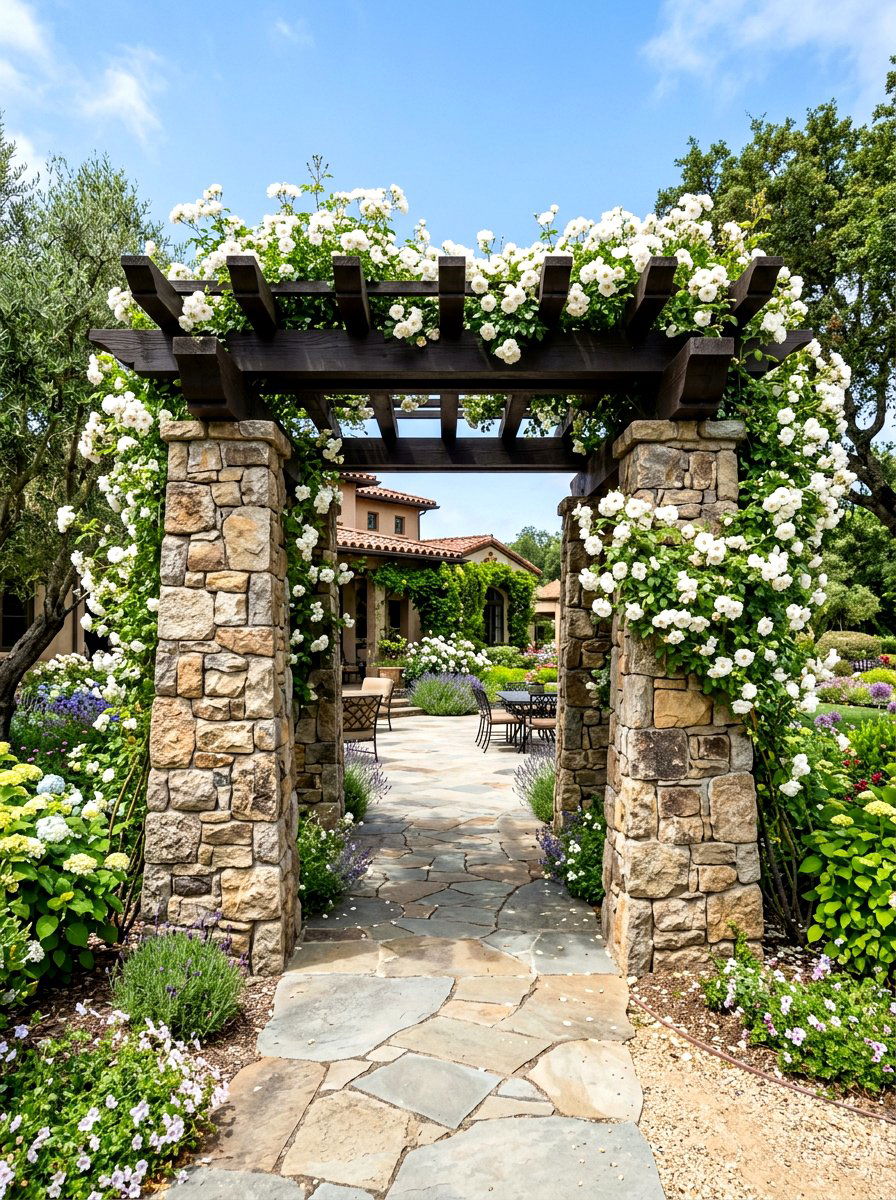 Stone Pillar Arbor - 30 backyard arbor ideas