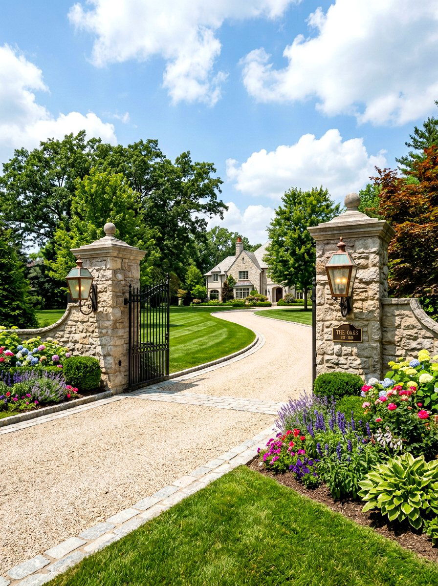 Stone Pillar Driveway - 30 driveway landscaping ideas