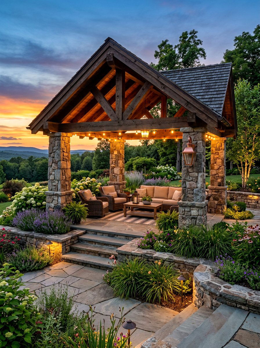 Stone Pillar Pavilion - 30 backyard pavilion lounge ideas