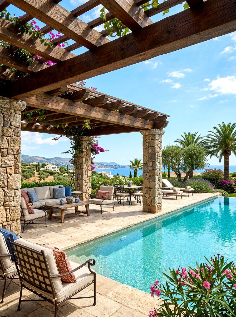 Stone Pillar Poolside Pergola - 30 poolside pergola lounge ideas