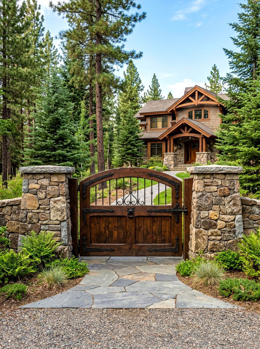 Stone Pillar Wood Gate - 30 fence gate ideas