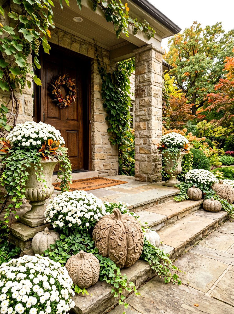 Stone Pumpkin Porch Accents - 30 natural autumn porch ideas