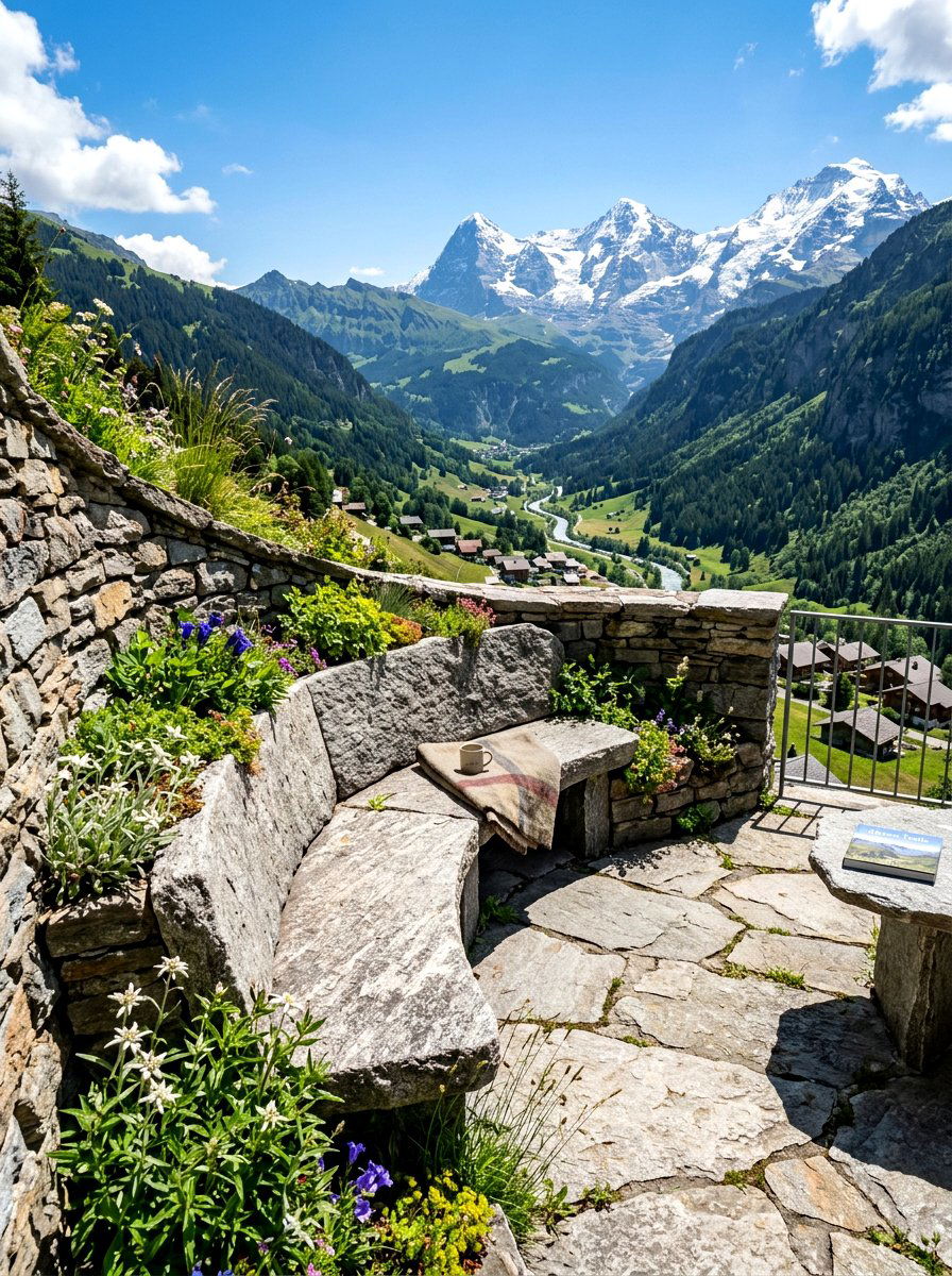 Stone Terrace With Curved Bench - 30 curved bench garden ideas