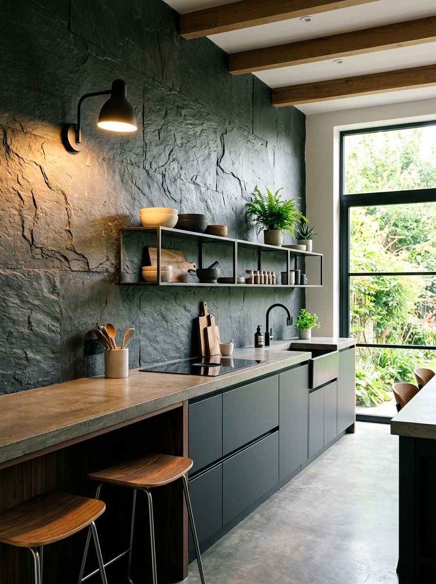 Stone Texture Kitchen Wall - 30 moody lamp lit kitchen ideas