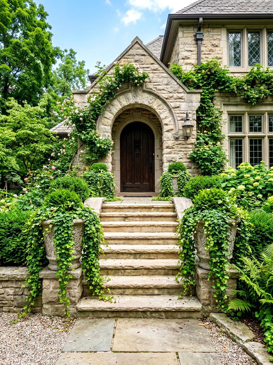 Stone Textured Front Step Planters - 30 oversized planter curb appeal ideas
