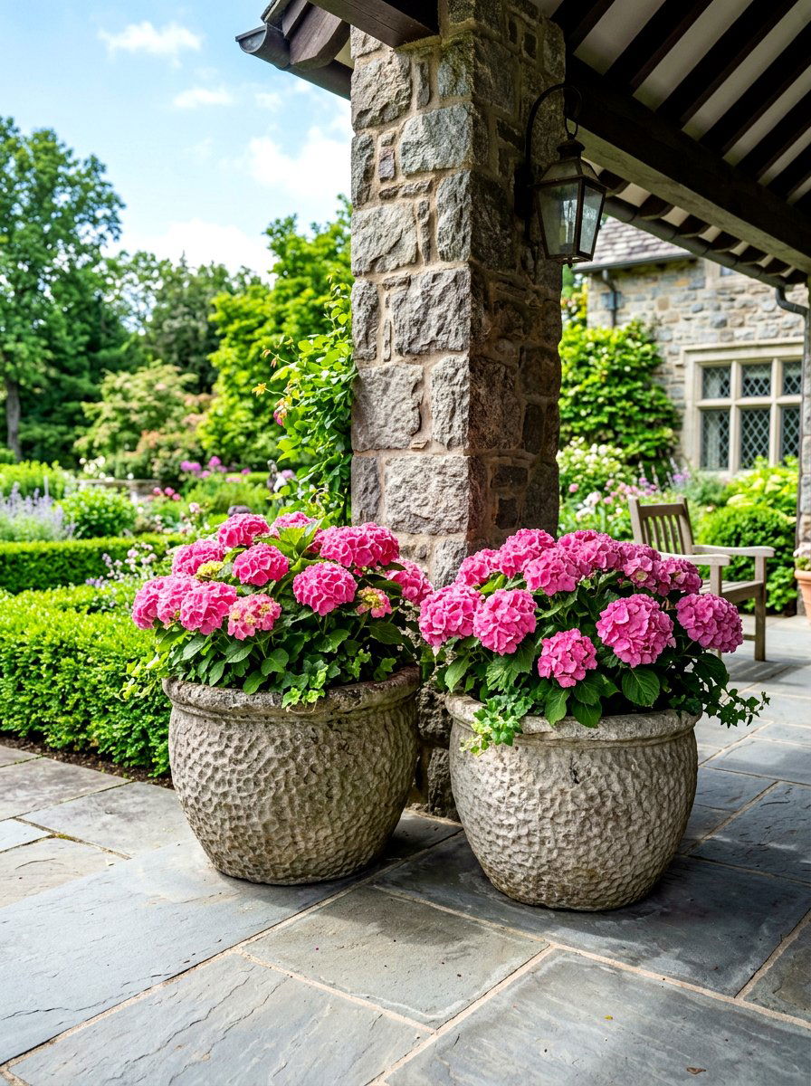 Stone Textured Round Planters - 30 porch planter arrangement ideas