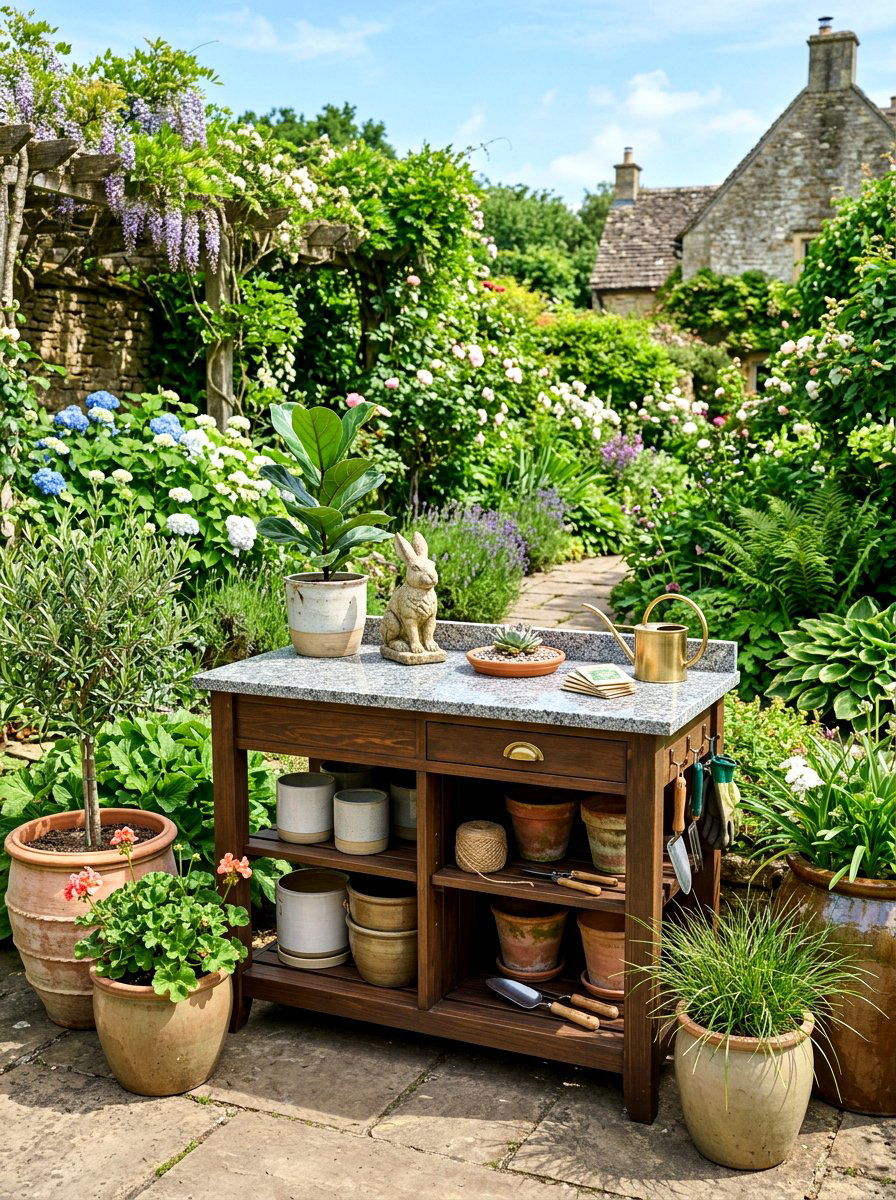 Stone Top Potting Bench - 30 potting bench ideas