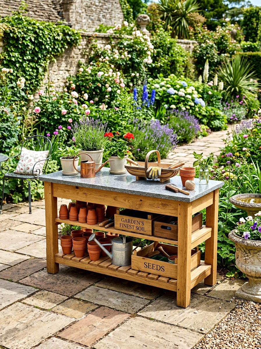 Stone Top Potting Bench - 30 outdoor potting station ideas