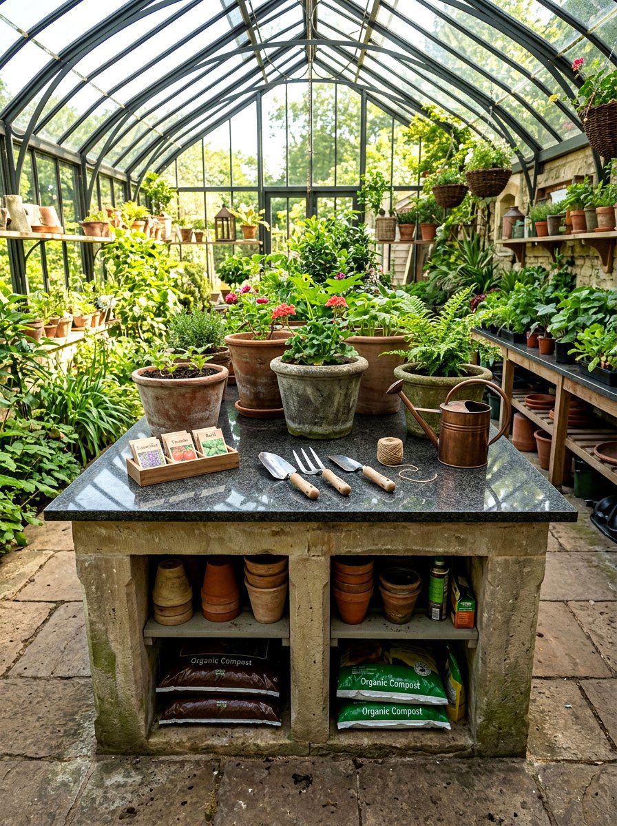 Stone Top Potting Station - 30 greenhouse storage bench ideas