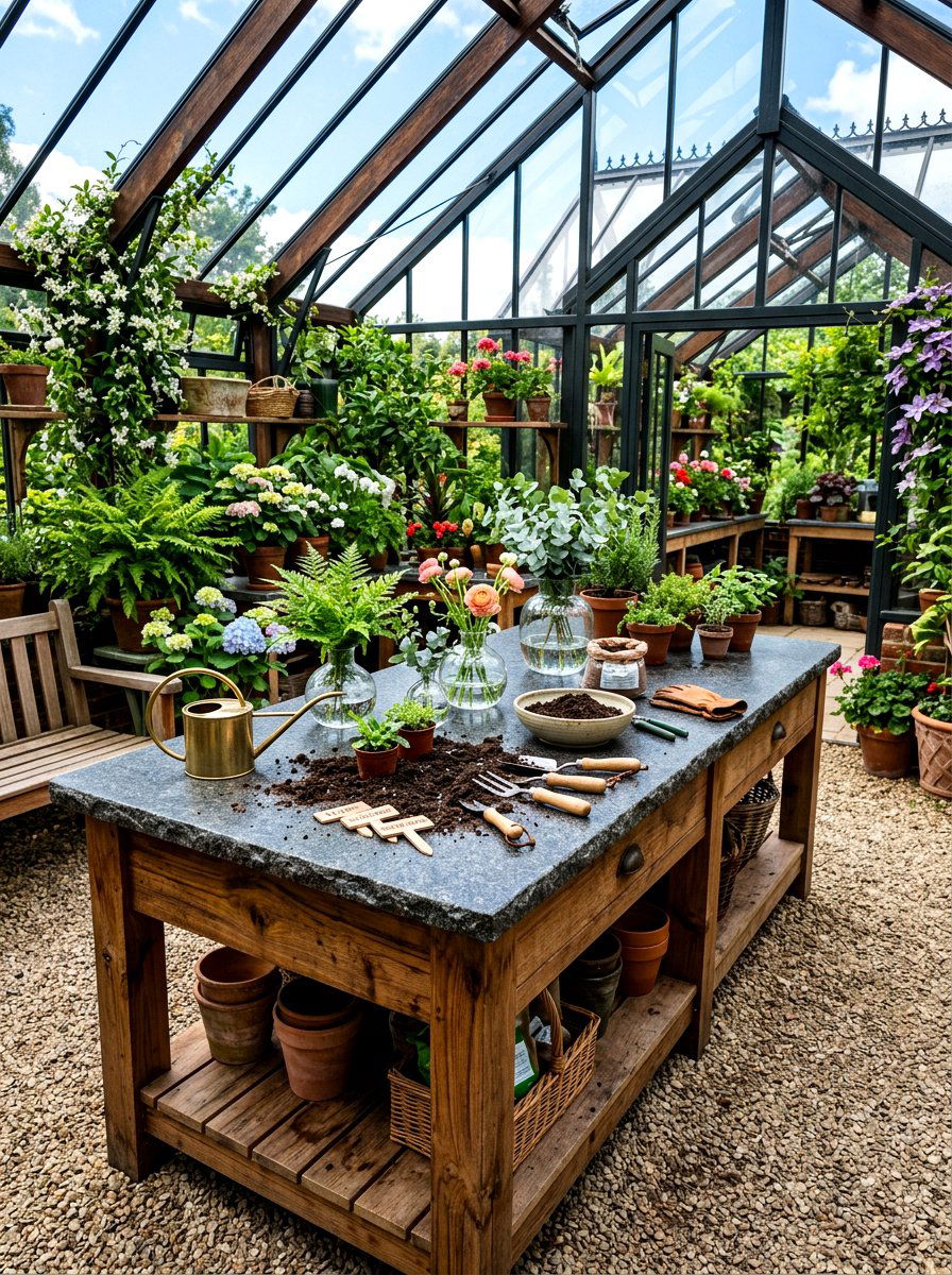 Stone Top Potting Table - 30 greenhouse potting bench ideas