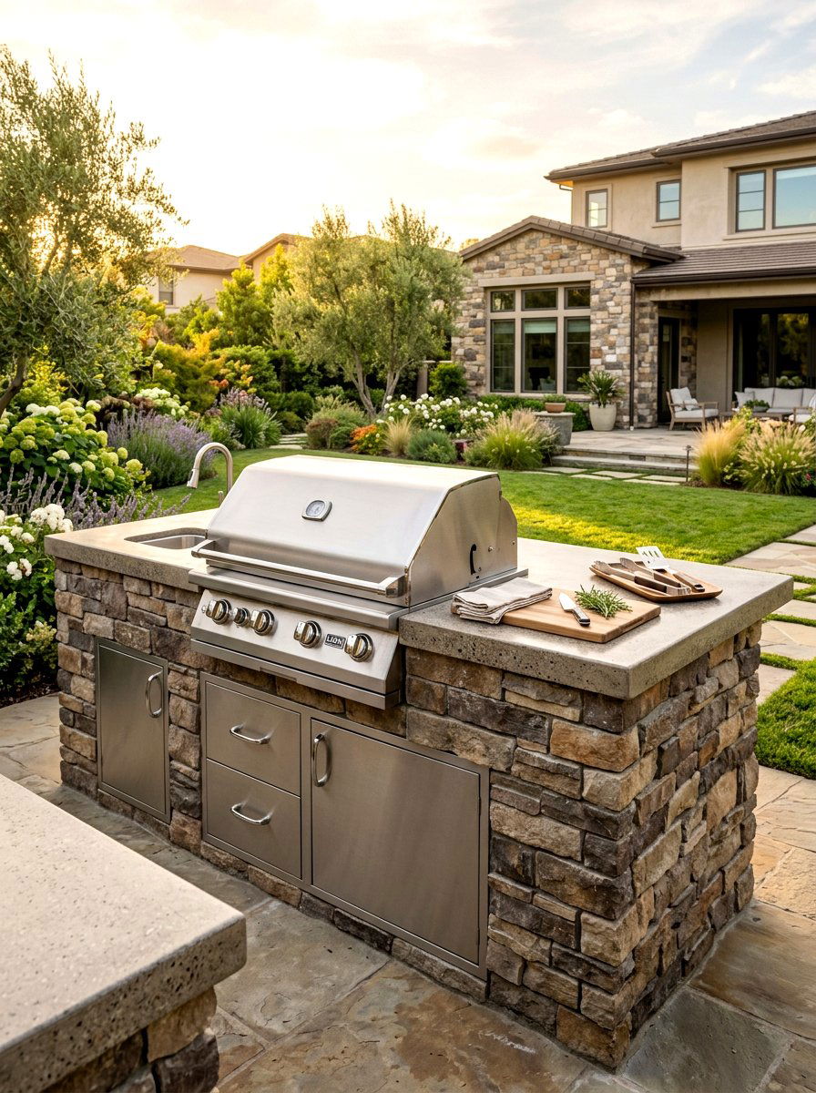 Stone Veneer BBQ Island - 30 backyard grill station ideas
