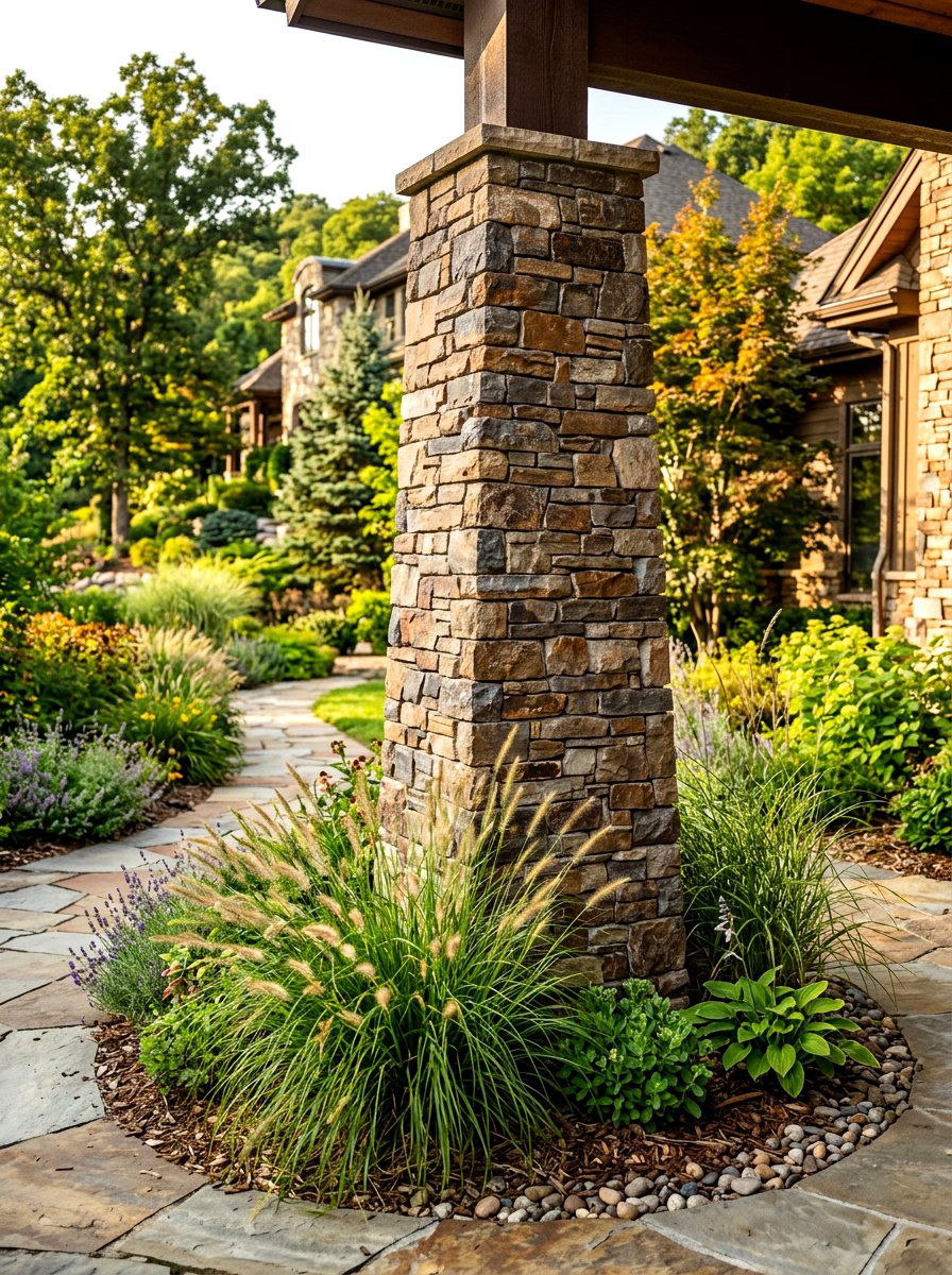 Stone Veneer Column Base - 30 porch column planter ideas