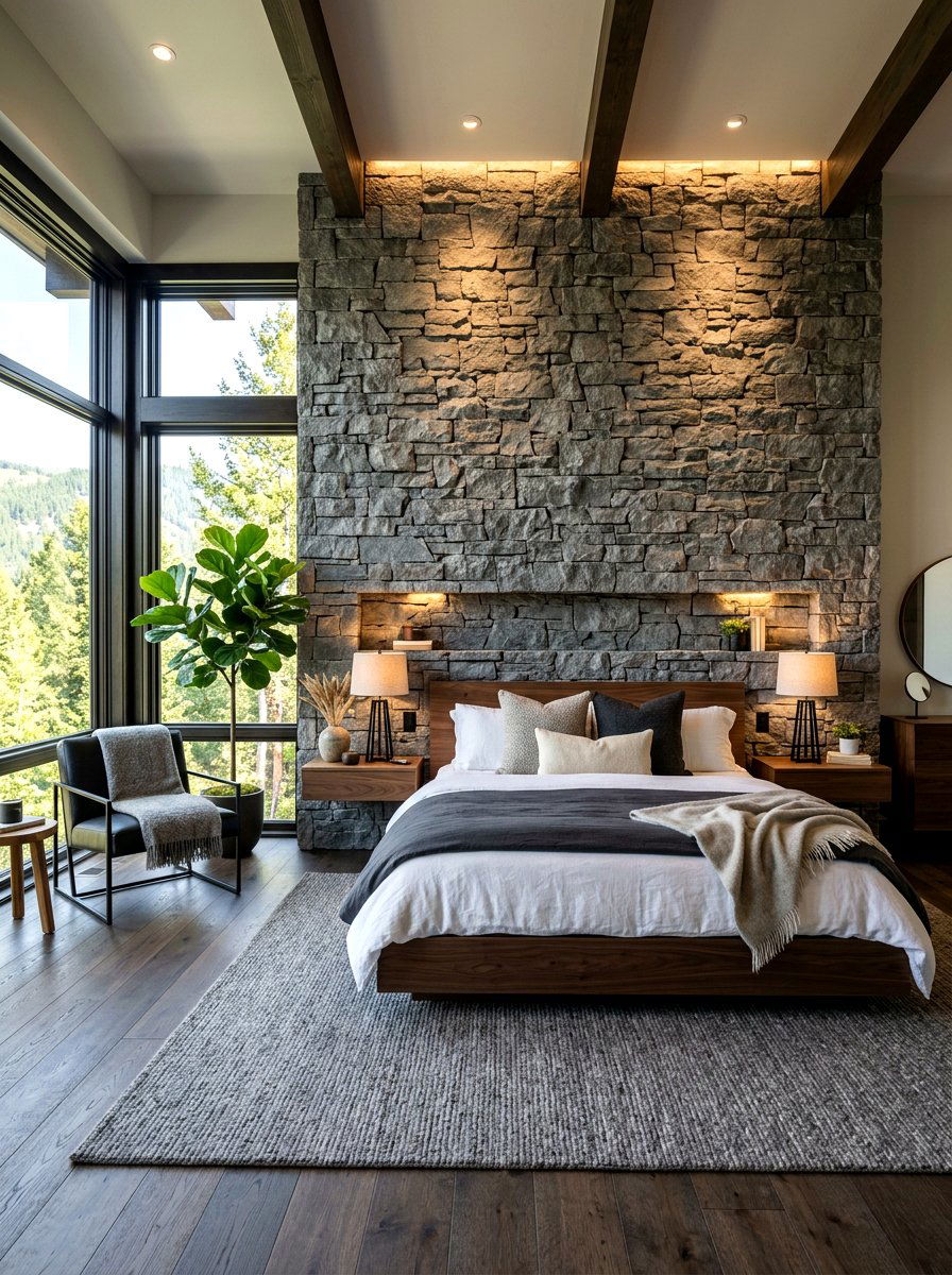 Stone Veneer Wall - 30 headboard wall ideas