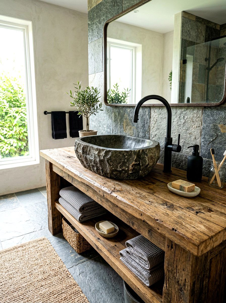 Stone Vessel Sink - 30 rustic spa bathroom ideas