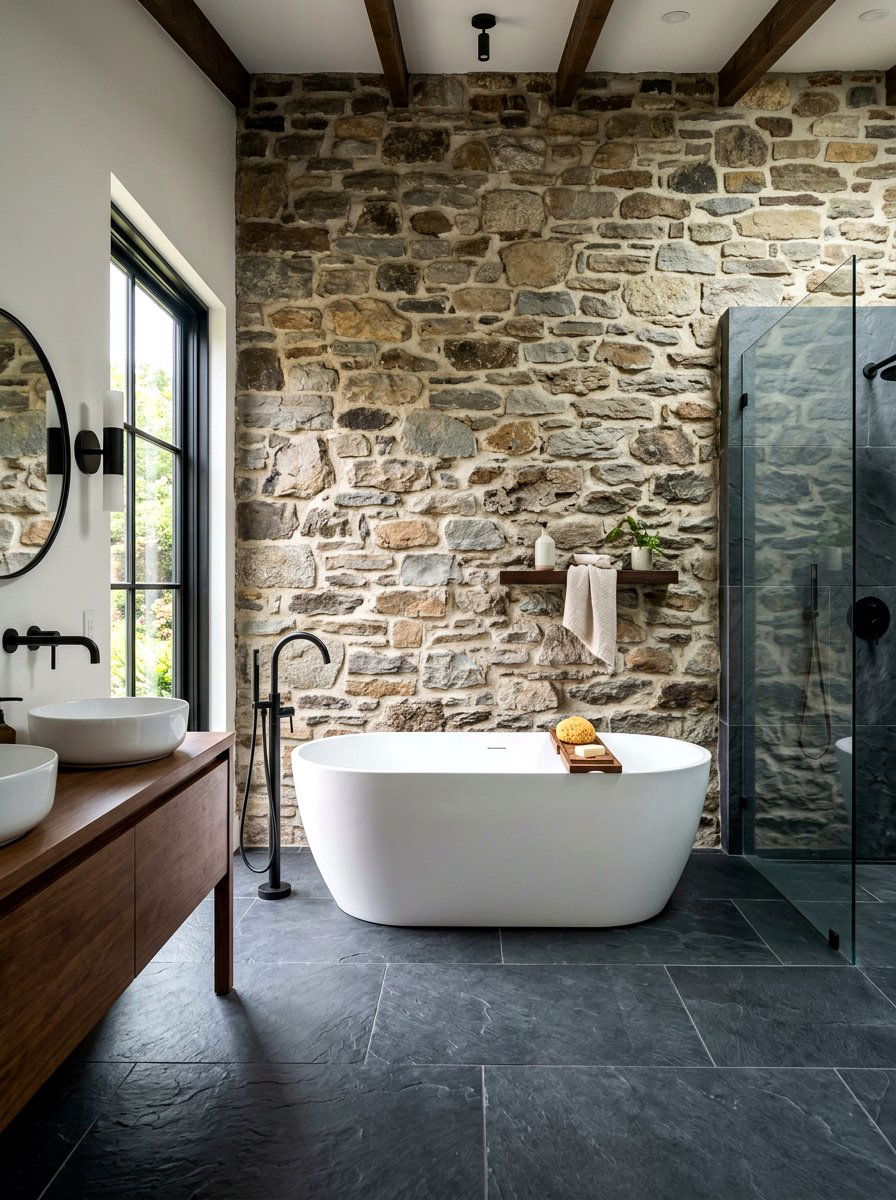 Stone Wall Bathroom - 30 rustic luxury bathroom ideas