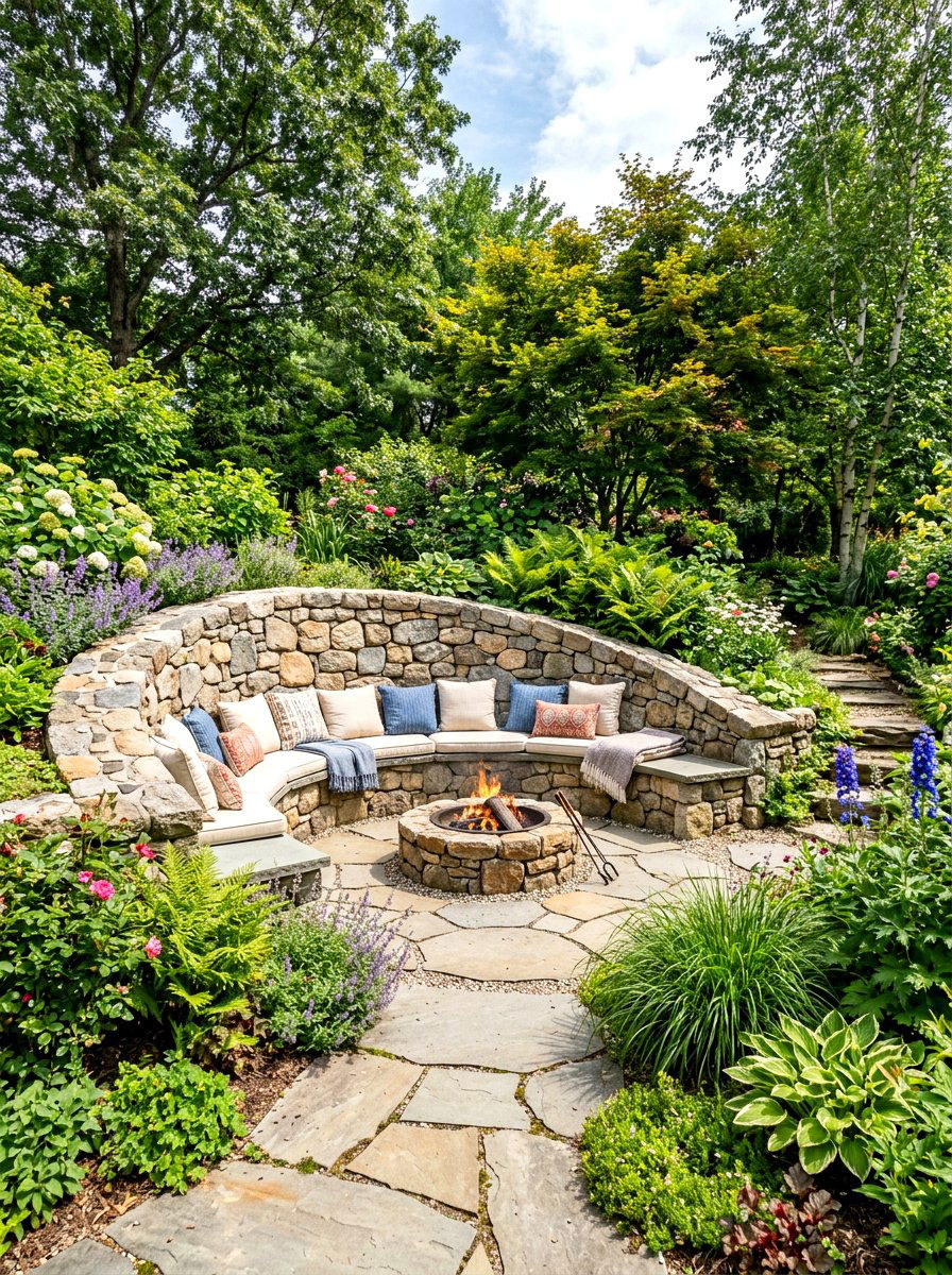 Stone Wall Fire Pit Seating Nook - 30 fire pit seating ideas