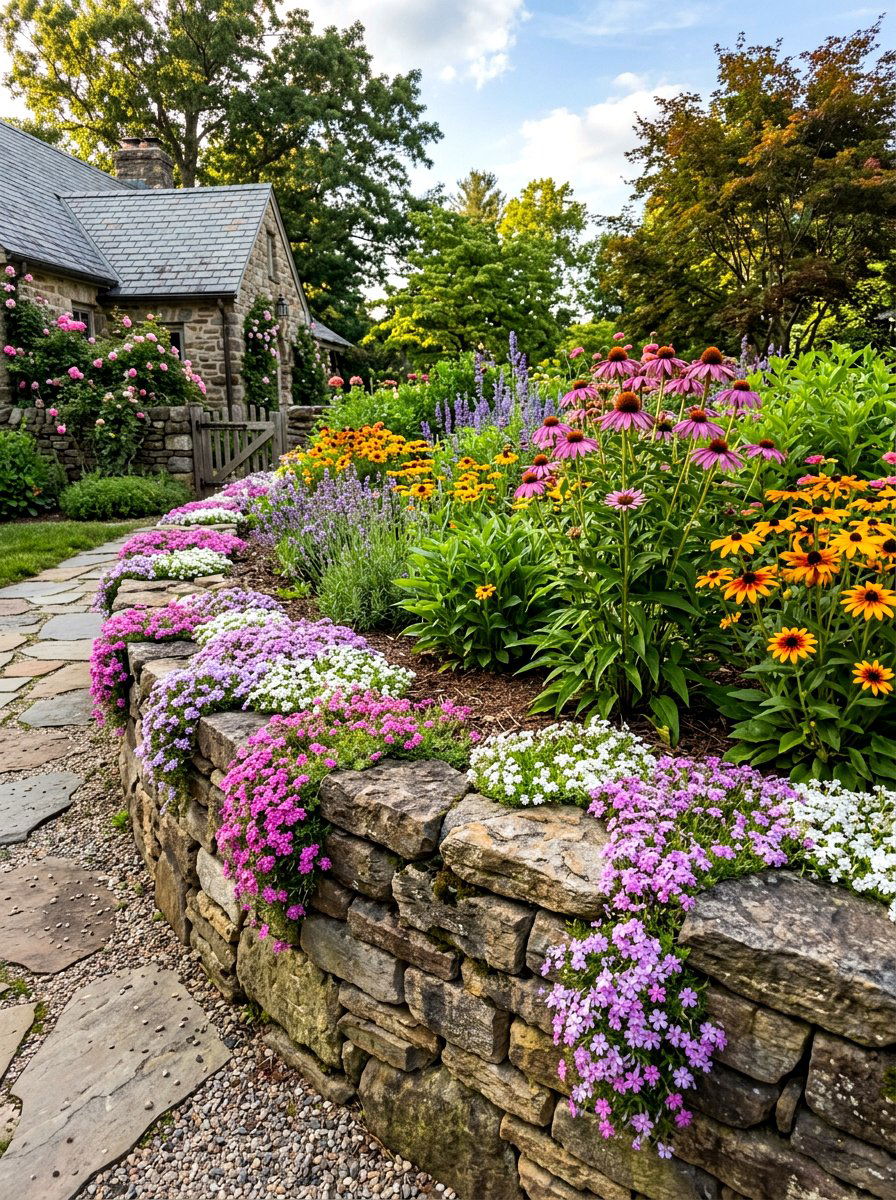 Stone Wall Flower Bed - 30 cottage front border ideas