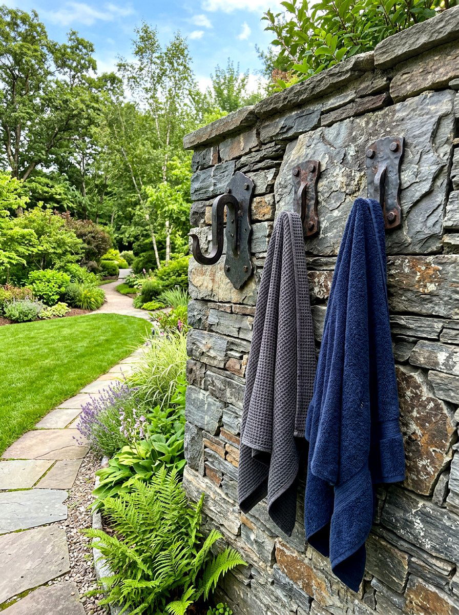 Stone Wall Hooks - 30 outdoor towel storage ideas