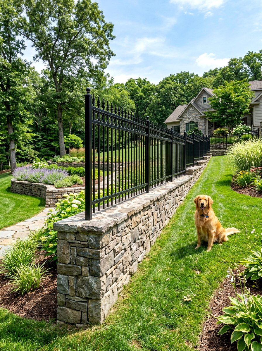 Stone Wall Metal Railing - 30 dog fence ideas