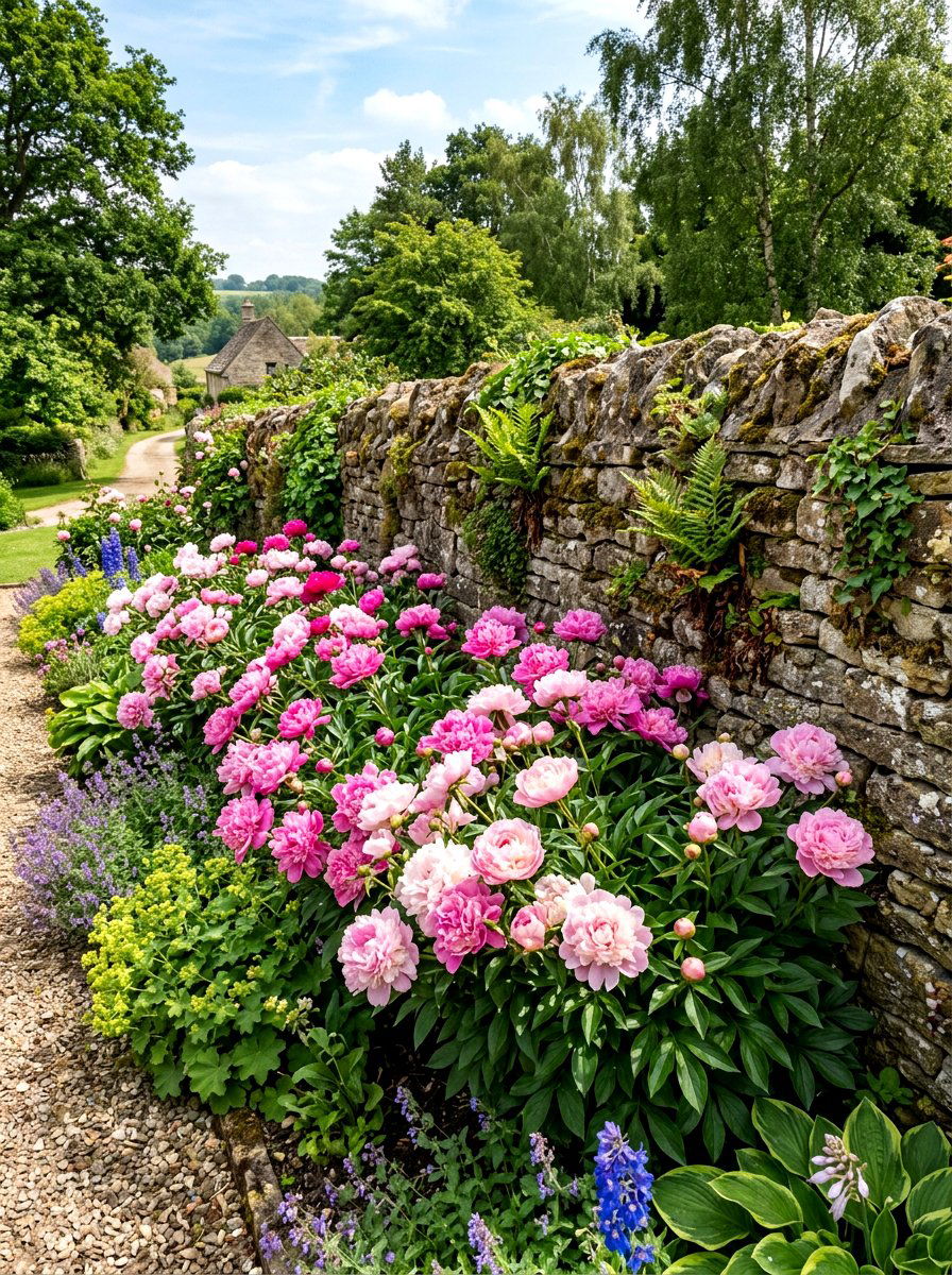 Stone Wall Peony Planting - 30 peony border ideas