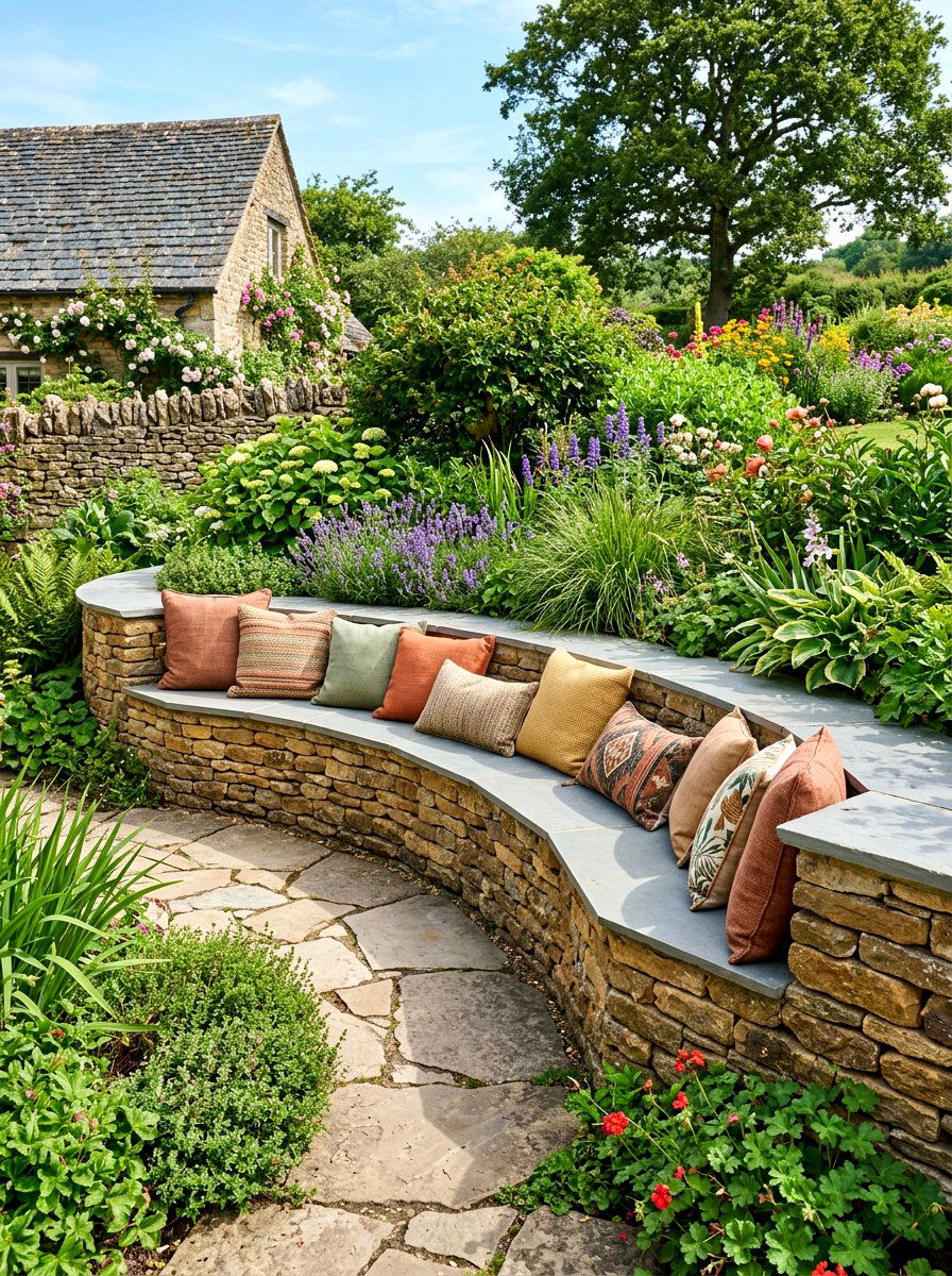 Stone Wall Seating - 30 rustic backyard seating ideas