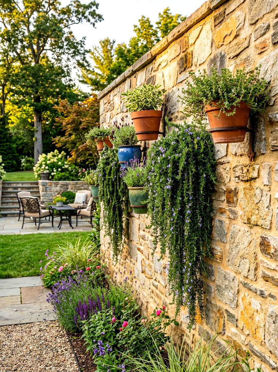 Stone Wall With Wall Mounted Pots - 30 vertical garden privacy wall ideas