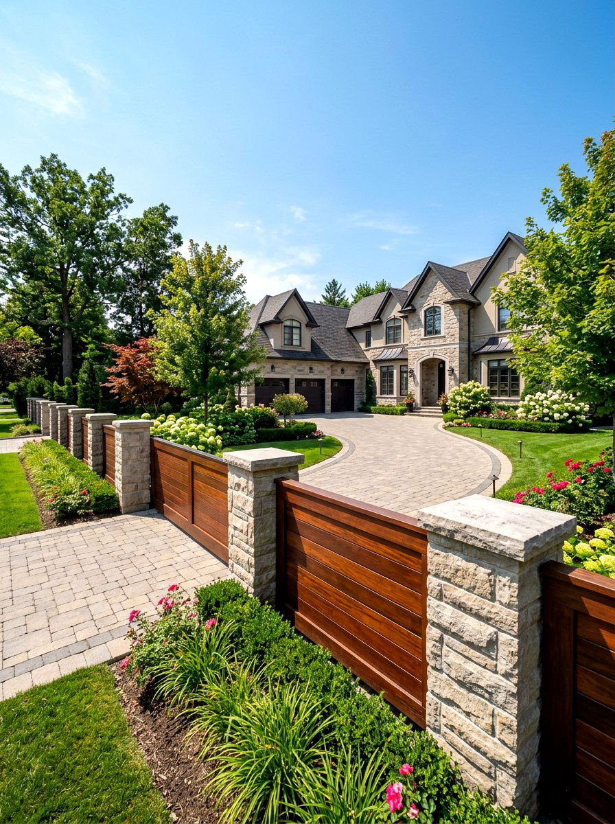 Stone and Wood Fence - 30 front yard fence ideas