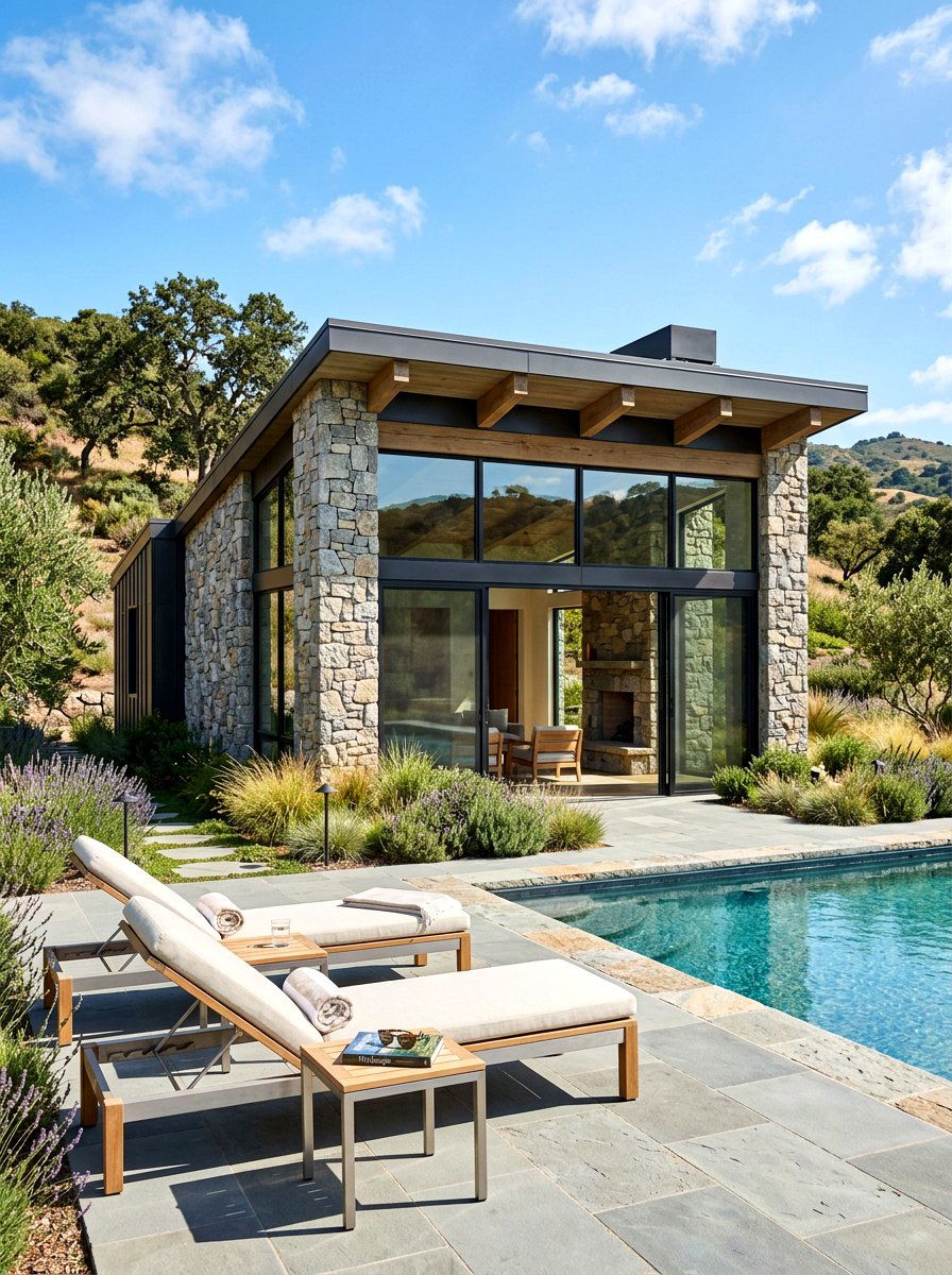 Stone and glass pool house - 30 modern pool house ideas