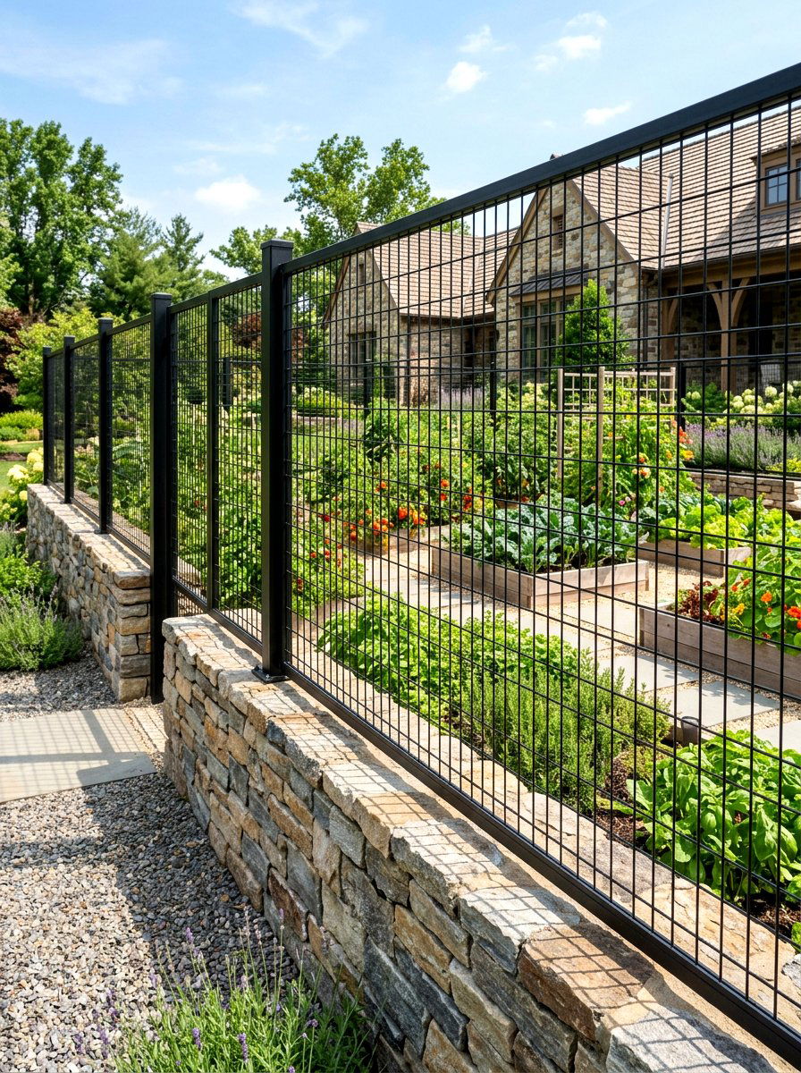 Stone and mesh garden fence - 30 vegetable garden fence ideas