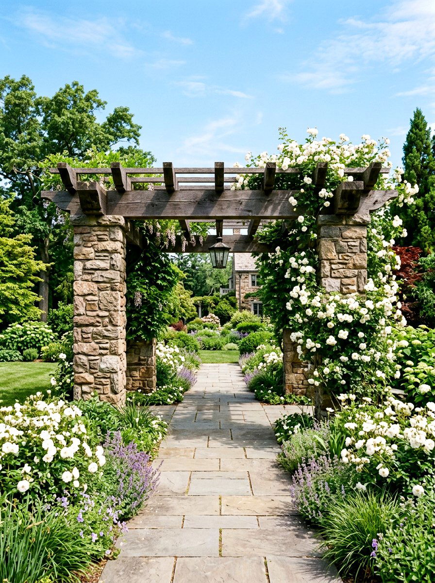 Stone and wood arbor - 30 garden arbor seating ideas