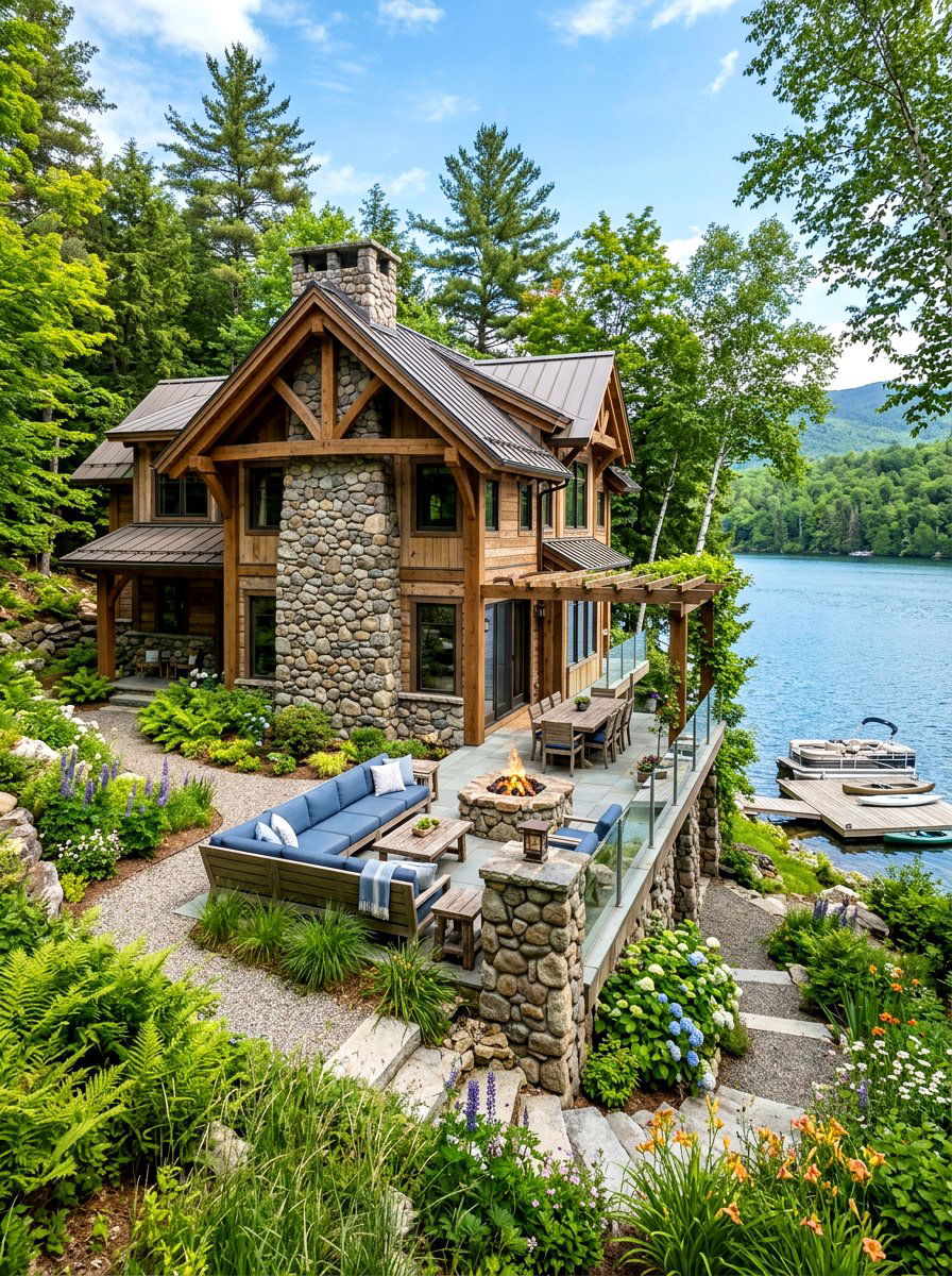 Stone and wood lake house - 30 lake house exterior ideas