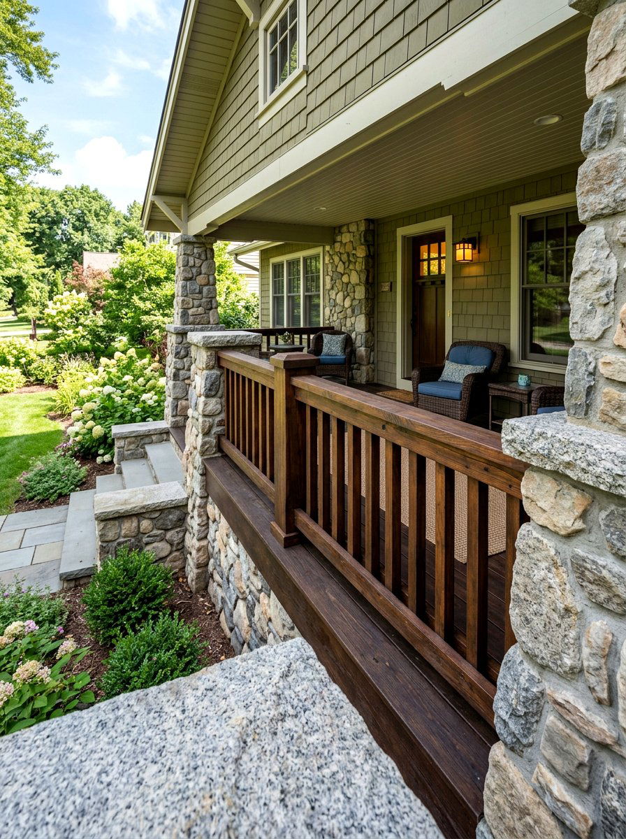 Stone and wood porch railings - 30 craftsman front porch ideas