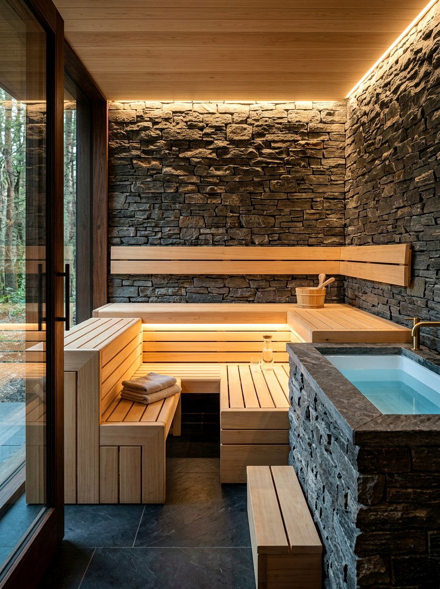 Stone and wood sauna - 30 contrast therapy room ideas