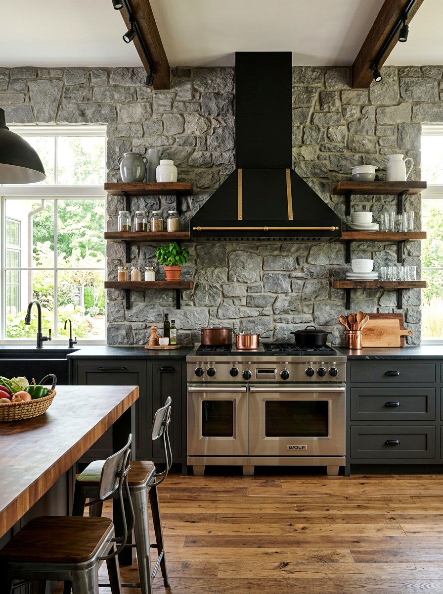 Stone backsplash wall - 30 industrial farmhouse kitchen ideas