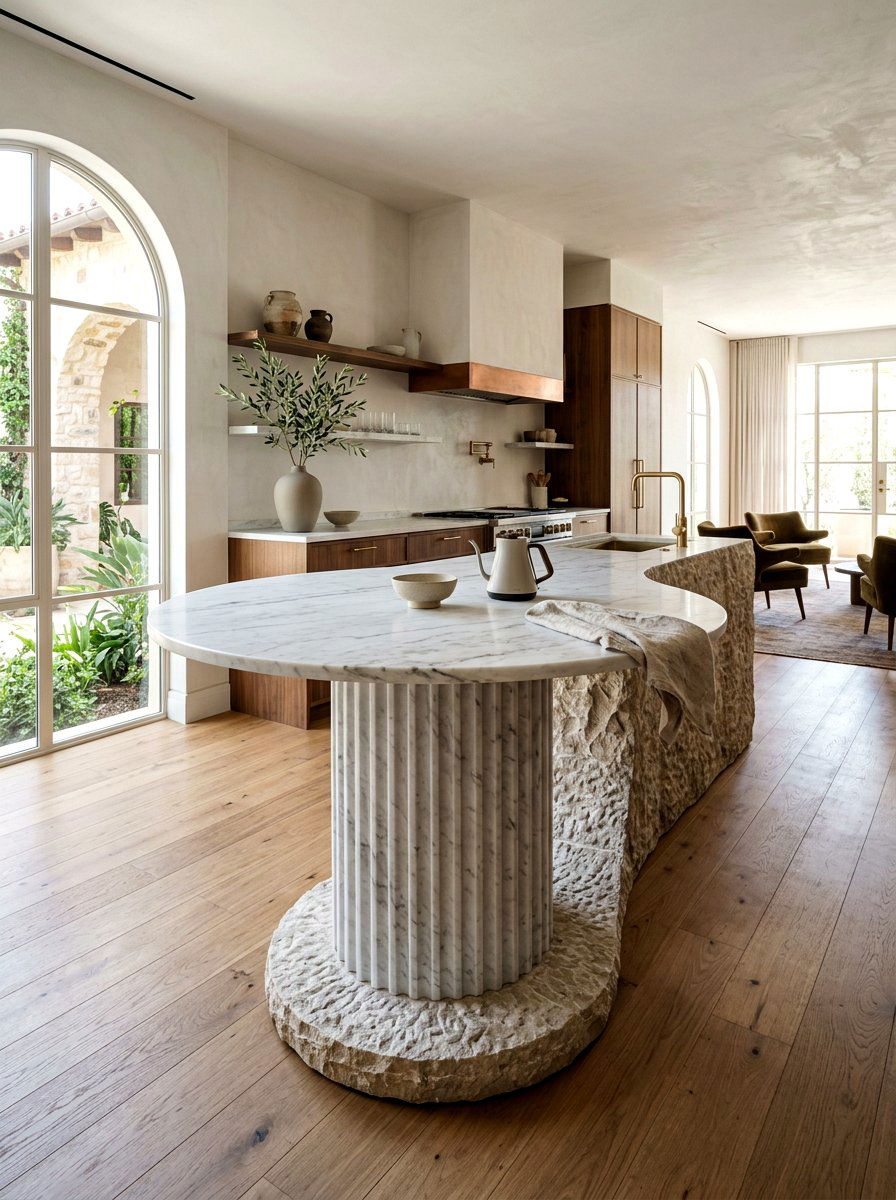 Stone base curved island - 30 curved kitchen island ideas