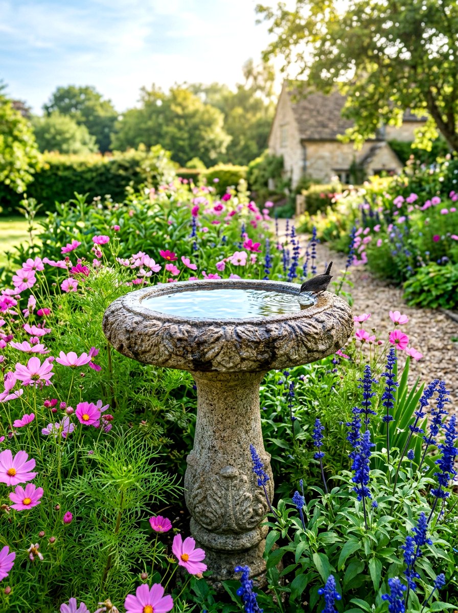 Stone bird bath for birds - 30 cottagecore garden ideas
