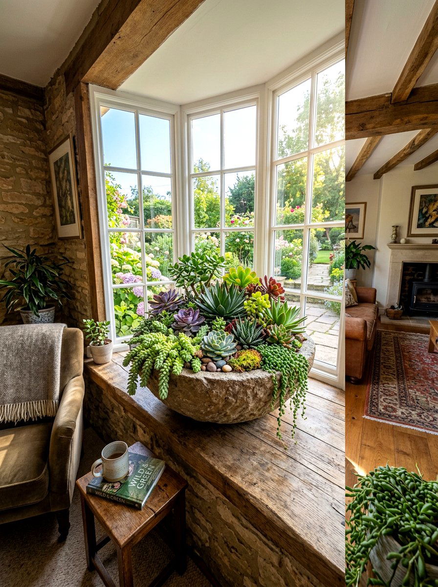 Stone bowl centerpiece - 30 succulent windowsill ideas