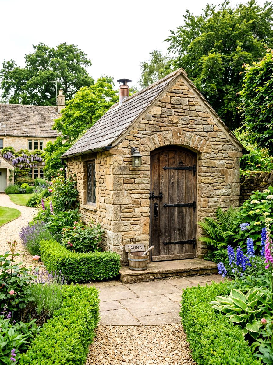 Stone clad exterior sauna - 30 outdoor sauna backyard ideas aesthetic