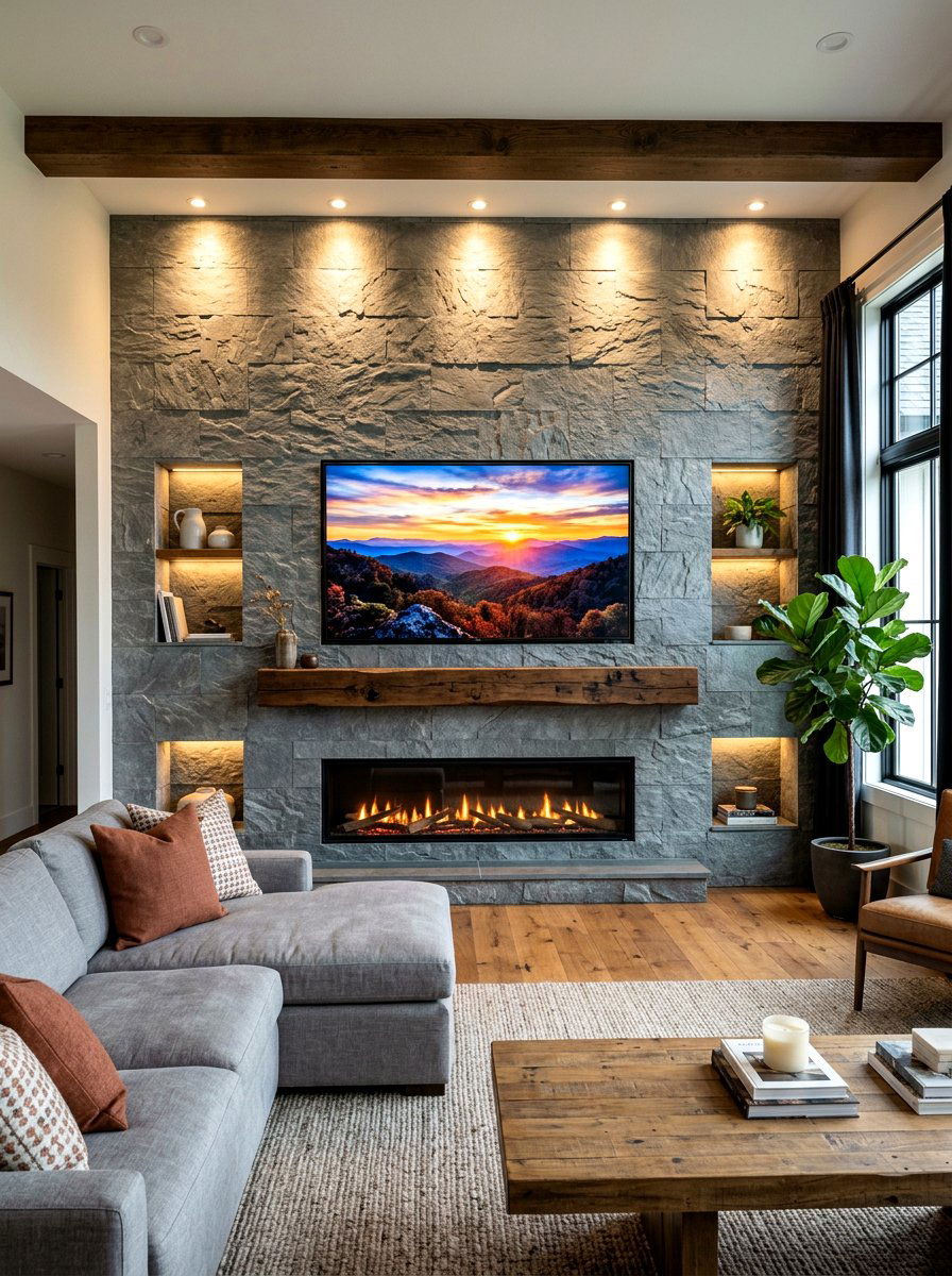 Stone effect media wall - 30 media wall ideas