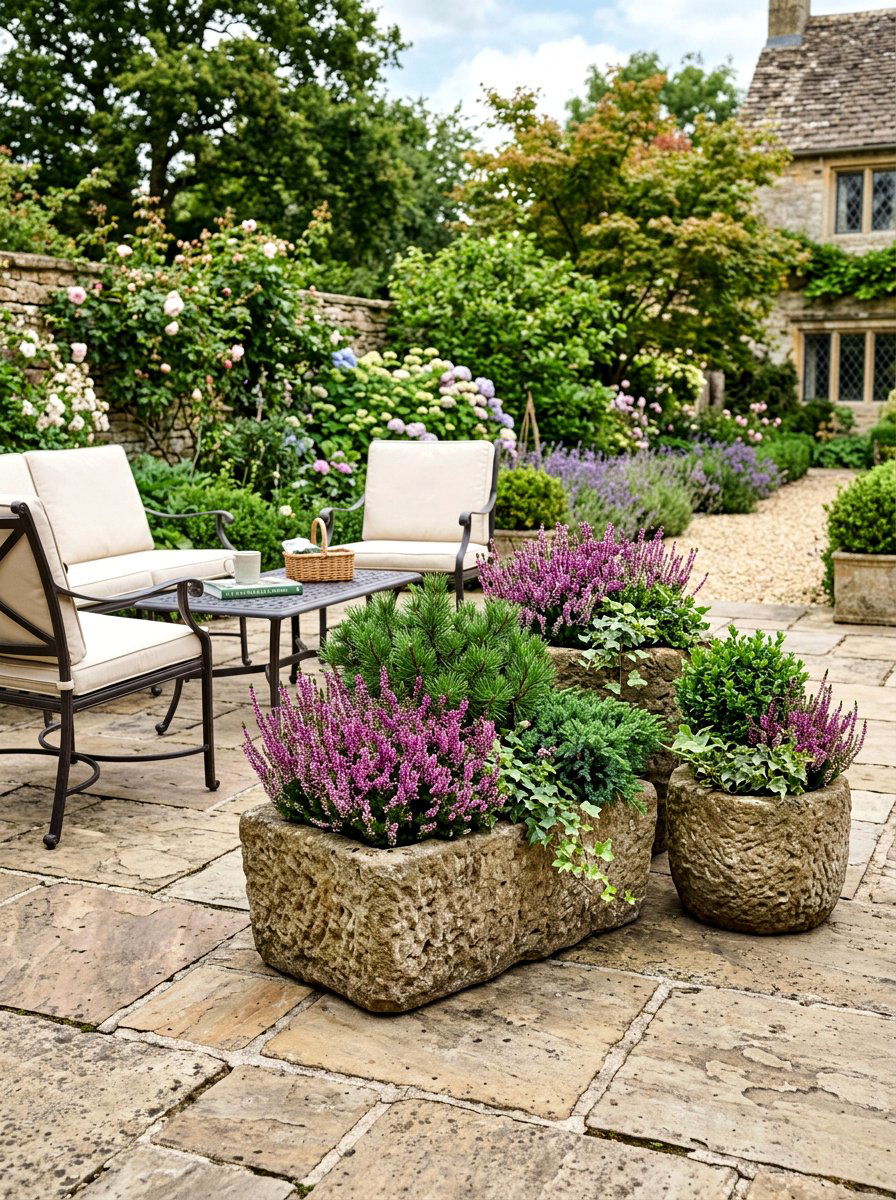 Stone finish deck containers - 30 deck planter ideas