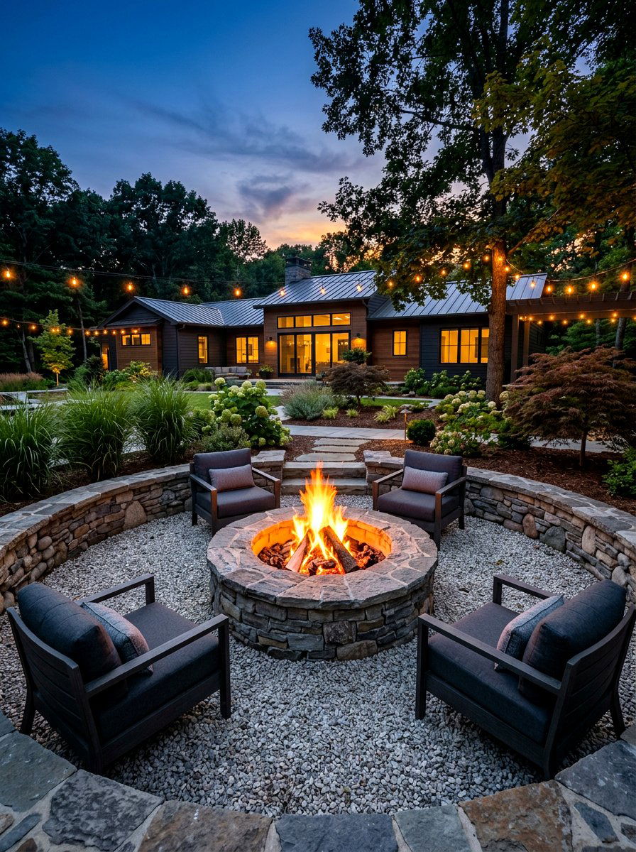 Stone fire pit - 30 front yard seating ideas