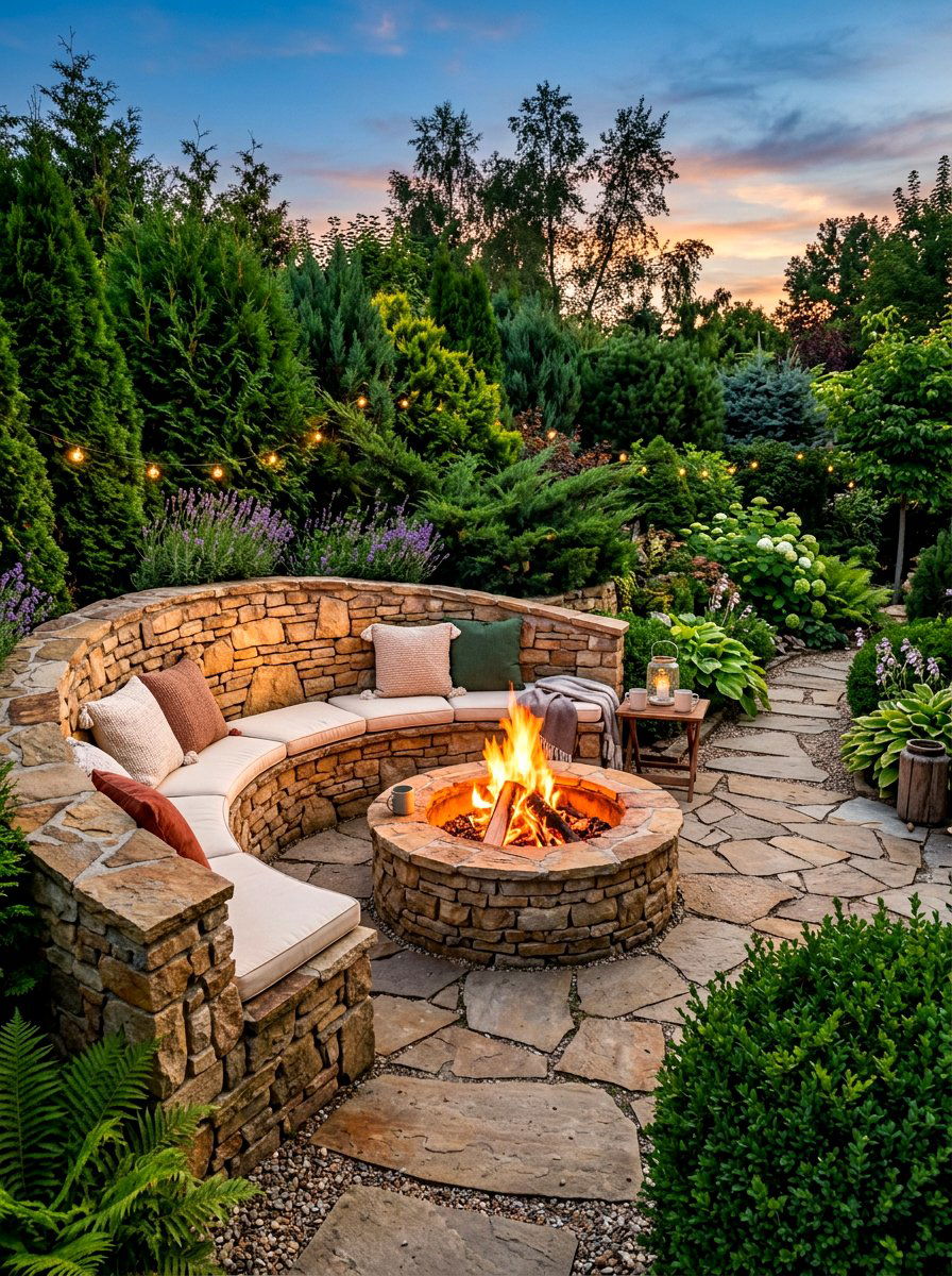 Stone fire pit bench - 30 backyard fireplace seating ideas