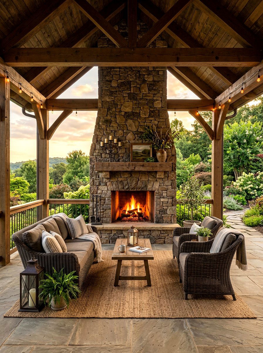 Stone fireplace - 30 cozy evening porch ideas