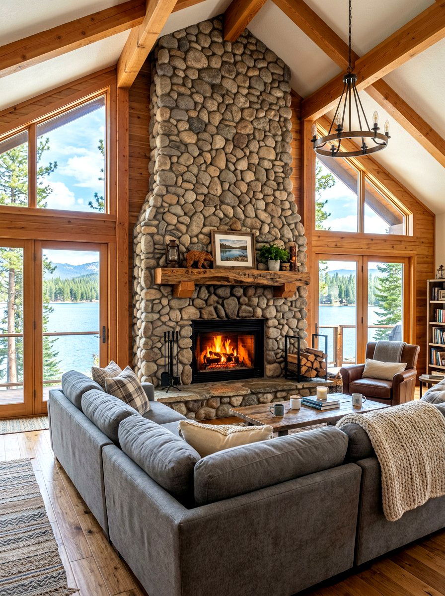 Stone fireplace lake house - 30 lake house living room ideas