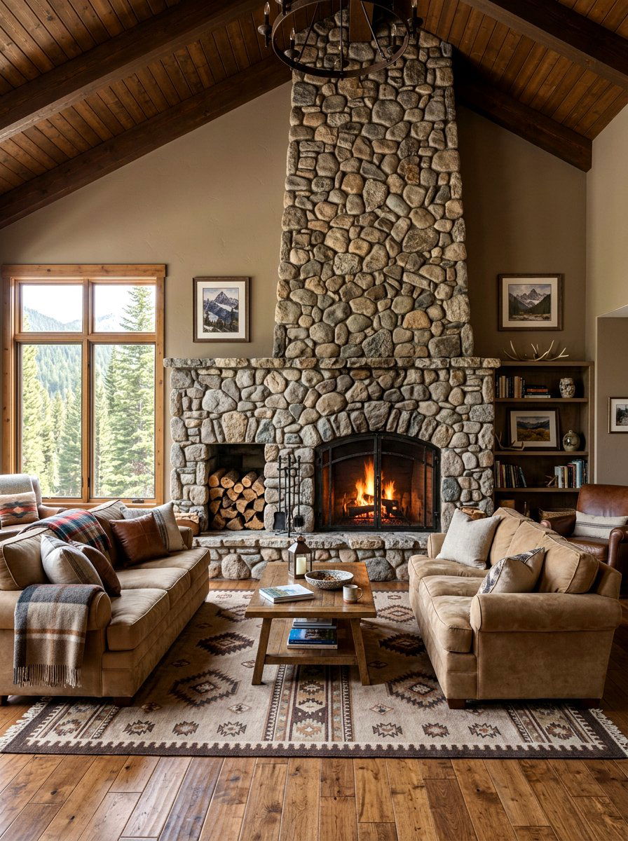 Stone fireplace living room - 30 earth tone living space ideas