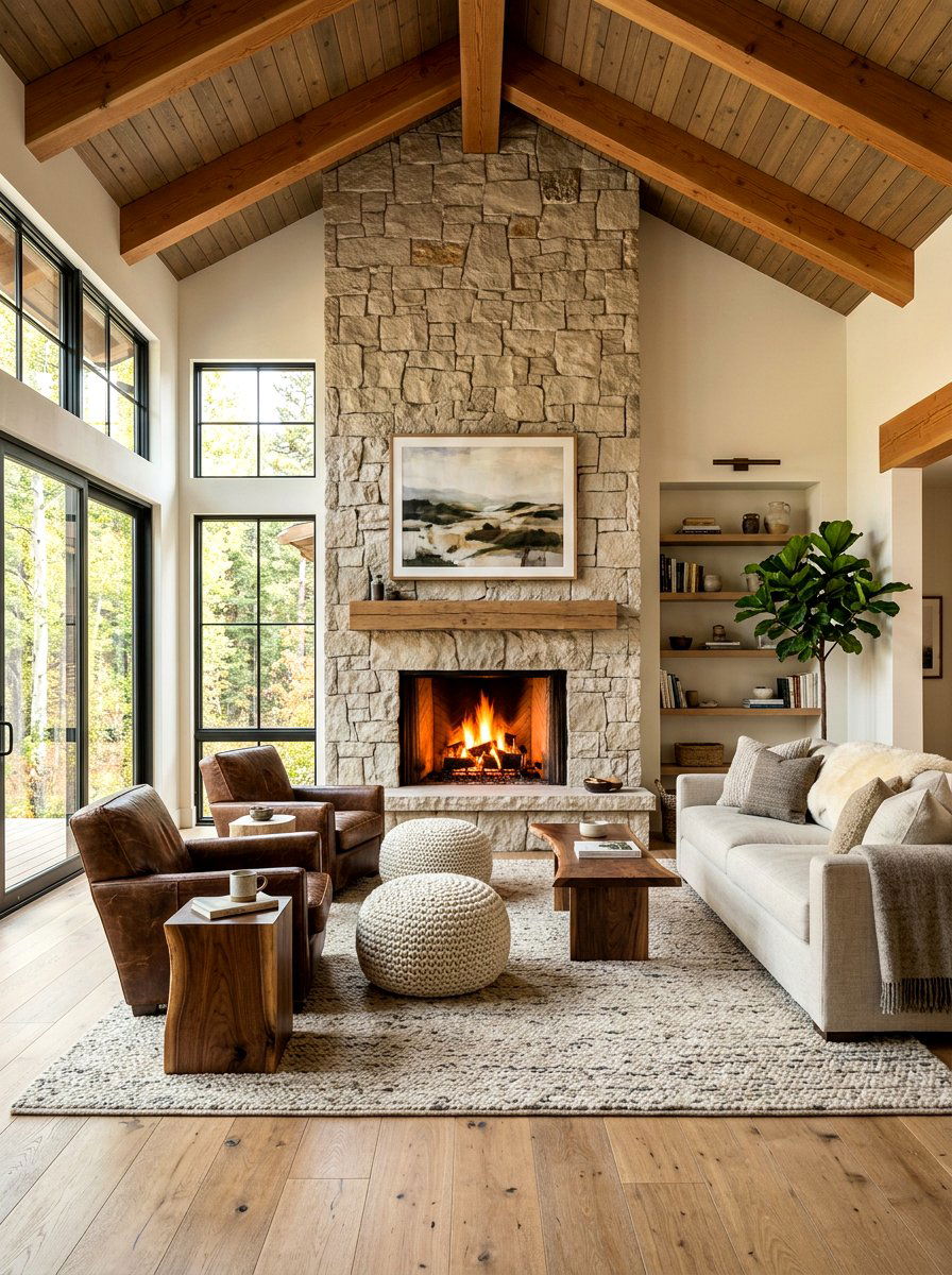 Stone fireplace living room - 30 organic modern living room ideas