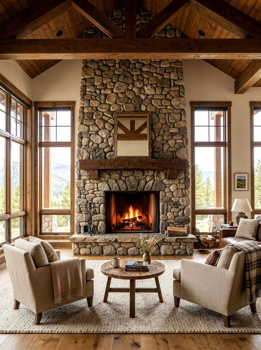 Stone fireplace living room - 30 lake cabin decor ideas